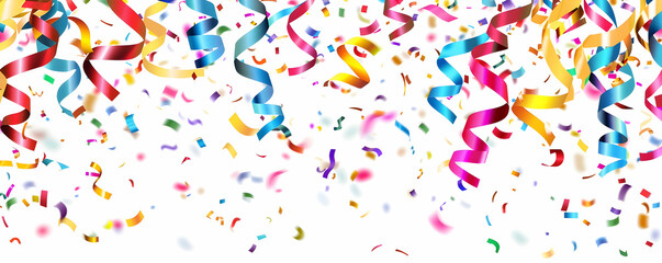 Obraz premium Confetti and ribbons, colorful party decoration vector illustration on a white background