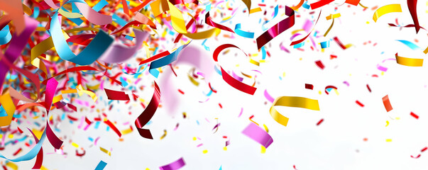 Obraz premium Confetti and ribbons, colorful party decoration vector illustration on a white background