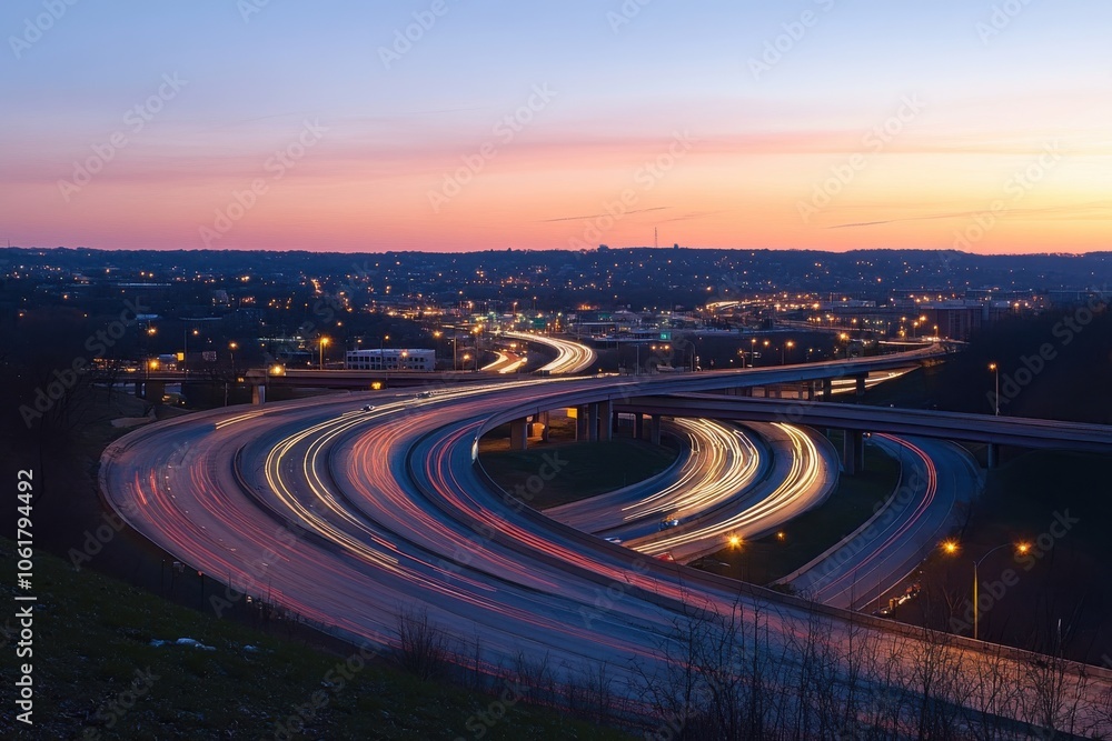 Poster a vibrant highway interchange illuminated at dusk showcasing flowing traffic and city lights in the 
