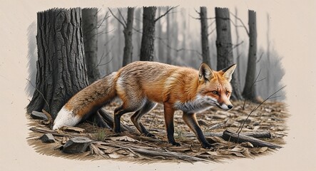 Obraz premium Fox sneaking through the woods hand drawing