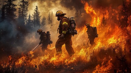 Firefighters battle a fierce wildfire in a dense forest during the afternoon hours near a remote area in California