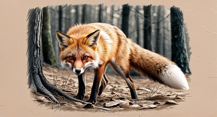 Obraz premium Fox sneaking through the woods hand drawing