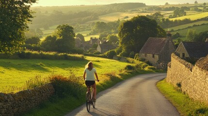Obraz premium A young British woman enjoys cycling through beautiful countryside valleys during sunset in the serene rural landscape
