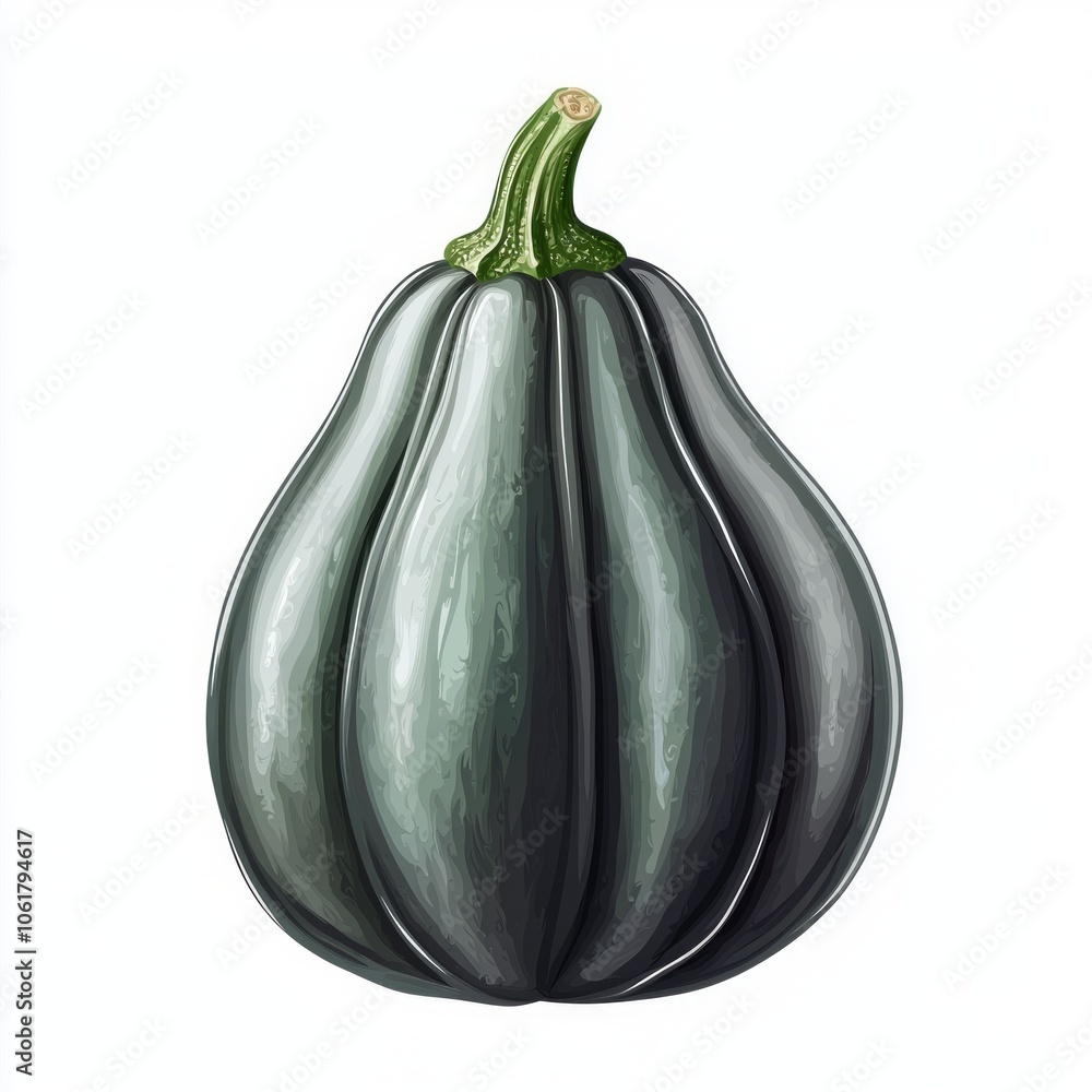 Poster artwork showcases simple stylish depiction acorn squash highlighting its ridged texture and deep gre