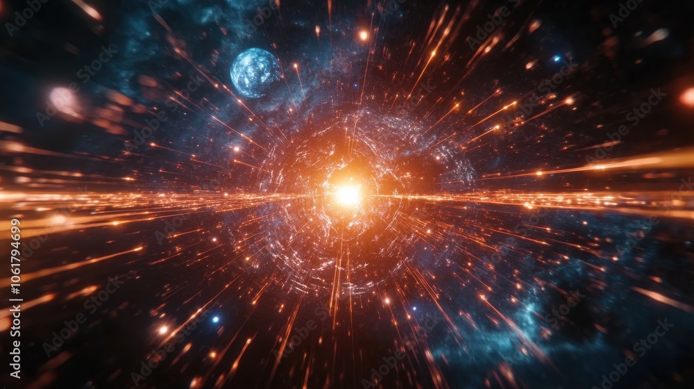 Poster a mesmerizing wide-angle view of a glowing energy field amidst cosmic elements and distant celestial