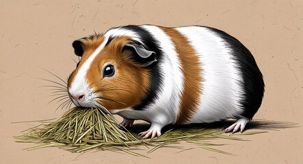 Guinea pig eating hay hand drawing