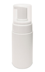 Minimalist white foam pump bottle, liquid soap, cleanser, or skincare product. Sleek design makes it suitable for modern aesthetic presentations in beauty or personal care product displays.