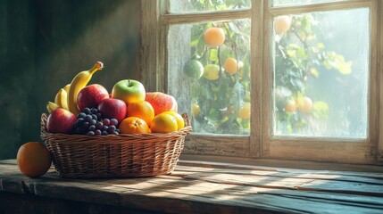 A wicker basket filled with vibrant fruits beside a sunlit window in a cozy room
