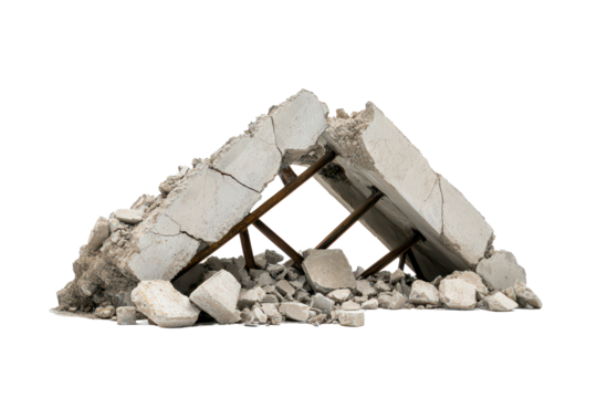 A collapsed bridge reveals broken concrete and twisted metal beams