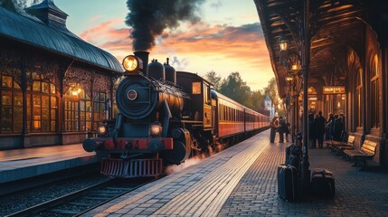 A vintage steam locomotive arrives at a charming train station platform at dusk, captivating travelers with its nostalgic charm