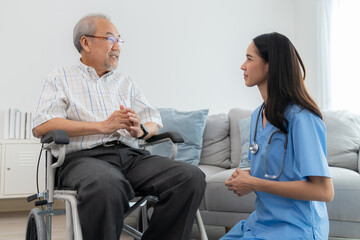 Friendly nurse engaging in conversation with senior, providing emotional support and comfort. Dedicated health care professional enhancing elderly care and well-being.