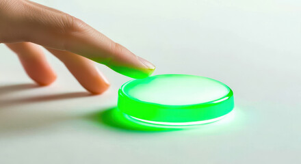 A green button is being touched by a finger