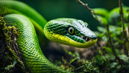 Obraz premium A green snake with yellow eyes is curled up on a leafy branch