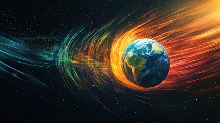 A vibrant visualization of Earth's magnetic field interacting with solar winds in a colorful cosmic atmosphere