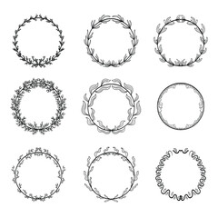 set of Black and White Hand-Drawn Floral Wreath