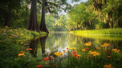 A tranquil morning in the Cajun bayous with vibrant wildflowers and reflective waters surrounded by lush greenery