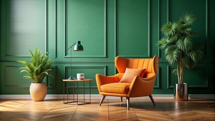 Minimalist Home Interior with Orange Armchair Against Green Wall – Stylish 3D Rendering for Modern Living Spaces, Interior Design Inspiration, and Home Decor Ideas