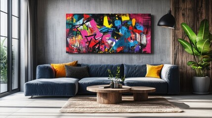 Bold graffiti-inspired abstract art in vibrant colors, adding urban energy to the wall background