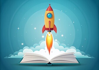 Minimalist Illustration of a Rocket Launching from an Open Book - Symbolizing Education and Knowledge, Inspiring Learning and Growth in a Creative Environment