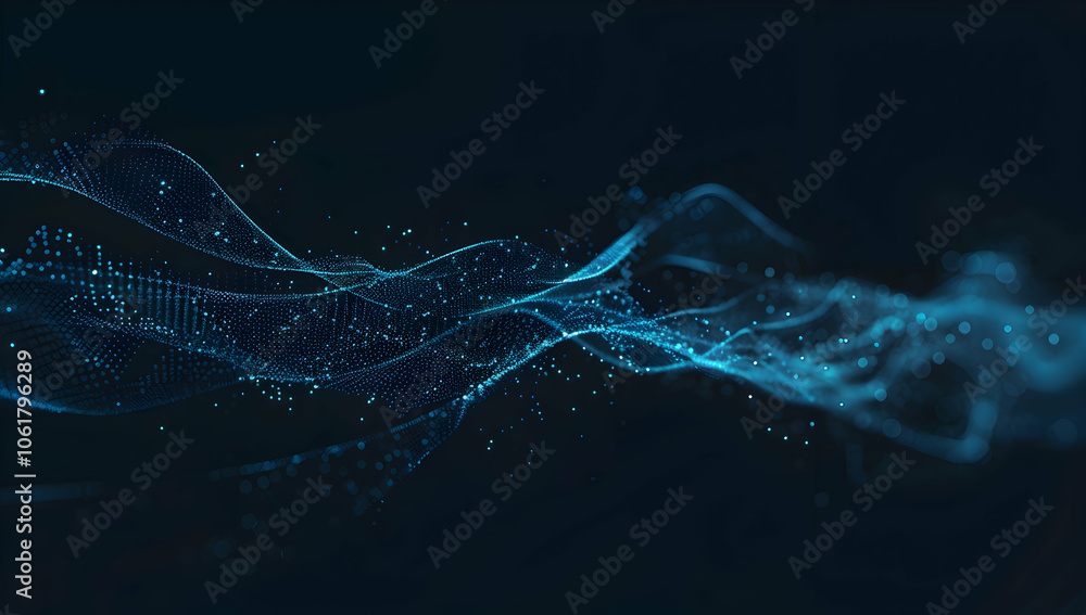 Poster abstract dark blue background with glowing dots and lines in the form of a wave, a digital technolog