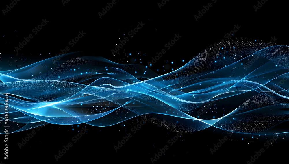 Poster abstract dark blue background with glowing dots and lines in the form of a wave, a digital technolog