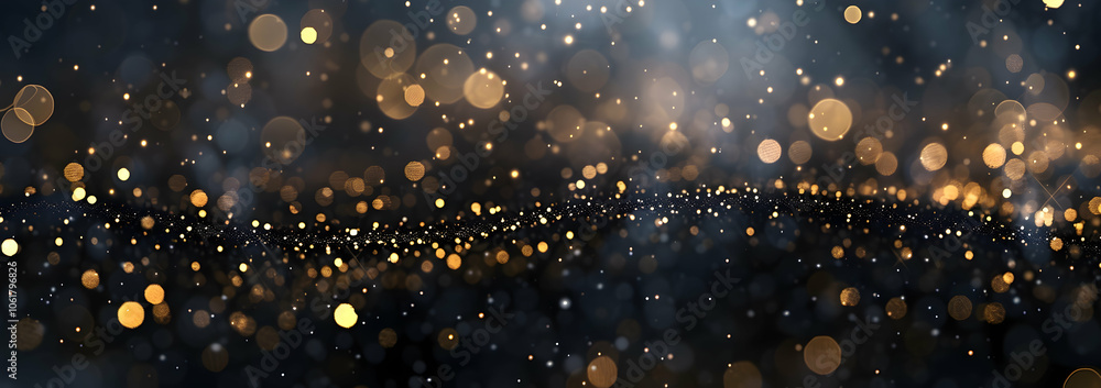 Poster a grainy black background with sparkling gold bokeh lights, creating an enchanting and magical atmos