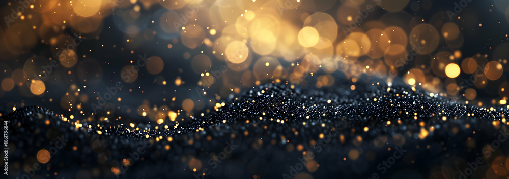Poster a grainy black background with sparkling gold bokeh lights, creating an enchanting and magical atmos
