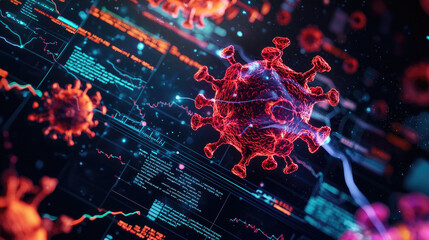 Obraz premium A digital representation of the COVID-19 virus, showcasing vibrant colors and data patterns, highlighting the intersection of biology and technology.