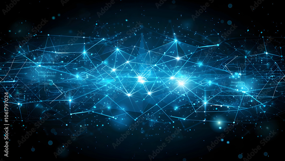 Poster abstract blue digital technology background with glowing dots and lines on a dark background