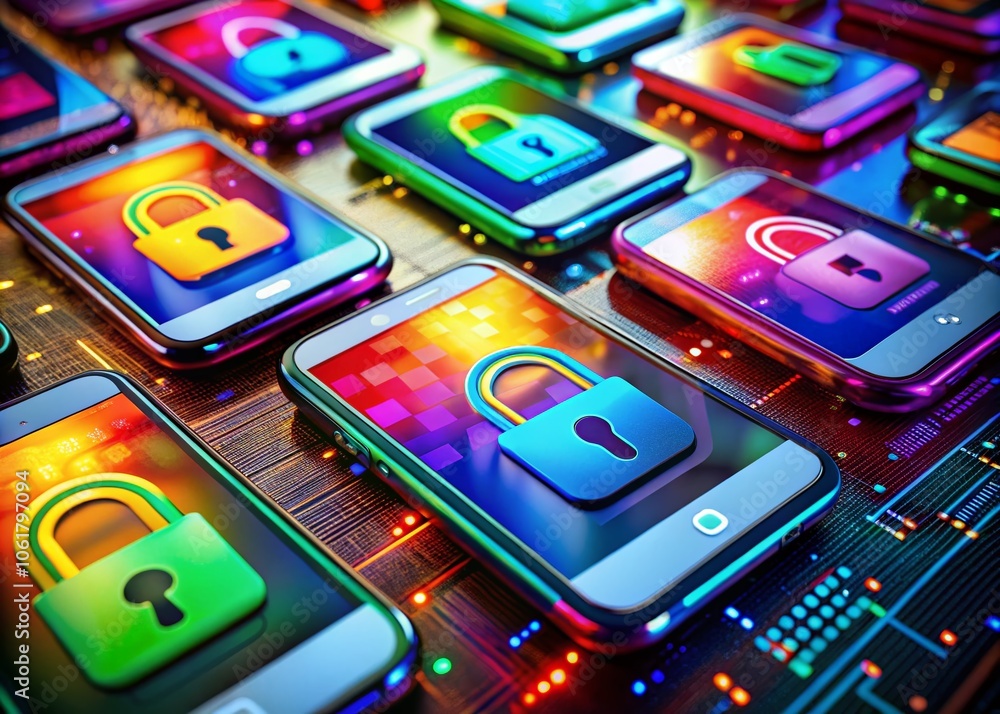 Poster mobile security concept: protecting data with lock icon and smartphones in macro photography style f