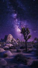 Fototapeta premium A breathtaking view of the Joshua Tree National Park under a starry night sky filled with a vibrant Milky Way