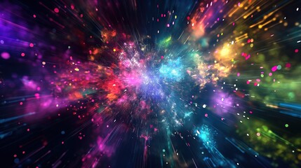 Obraz premium Vibrant fireworks display against dark night sky symbolizing new beginnings, dynamic burst of light captured with wide-angle lens, ample copy space for text or design elements.