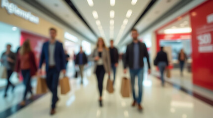 Stores and shoppers in the mall captured during a sale, image with blurring effect
