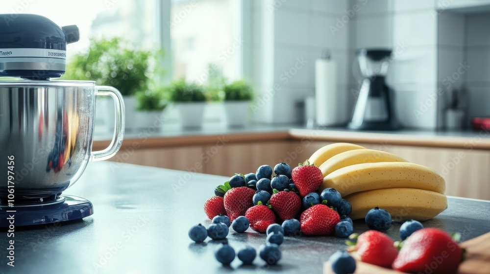 Poster a simple elegant arrangement of bananas and strawberries on a kitchen countertop with natural light 