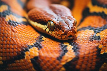 Fototapeta premium coiled snake with vibrant orange, black, and yellow scales and golden eyes. Macro shot of reptile skin and detailed pattern