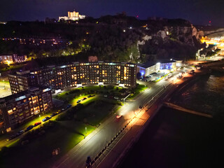 High Angle Night View of Dover Coastal City of South Eastern County of Kent England, United Kingdom. The Illuminated Footage Was Captured with Drone's Camera after Sunset Night of April 20th, 2024