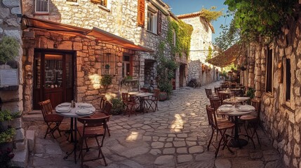 Charming outdoor caf&eacute; in the historic old town of Budva with stone walls and inviting tables for dining
