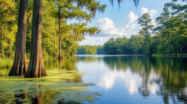 A tranquil morning at Lake Chicot with reflections of trees and clear blue skies