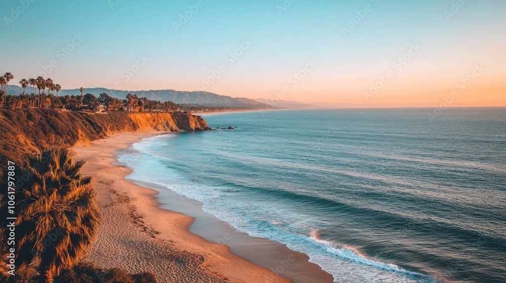 Poster a tranquil evening view of the malibu coastline lined with palm trees and gentle waves caressing the