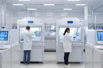 Two scientists working with advanced diagnostic equipment in a high-tech laboratory