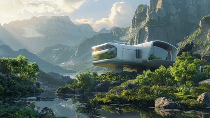 Futuristic sci fi house harmoniously blending nature and innovation in a lush green valley