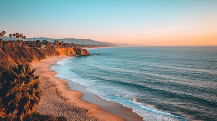 A tranquil evening view of the Malibu coastline lined with palm trees and gentle waves caressing the sandy shore