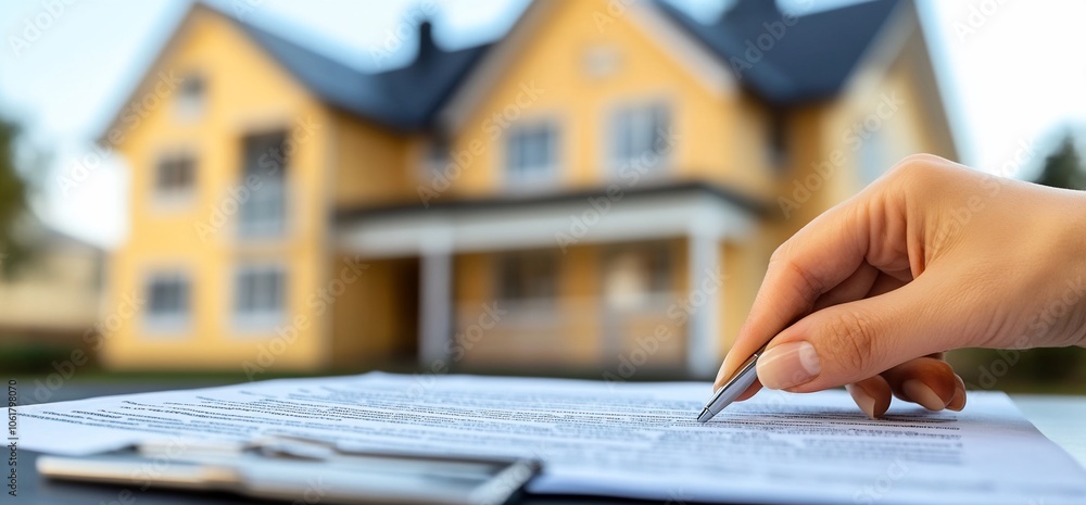 Poster a hand signing a document with a pen in front of a house.