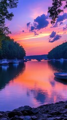 Fototapeta premium Tranquil waters of Lake during sunset with colorful reflections and boats gently anchored along the shore