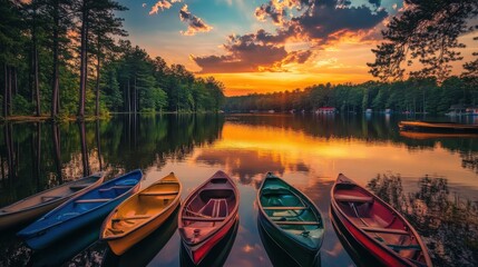 Calm waters of Lake at sunset with colorful canoes lined up along the shore surrounded by trees