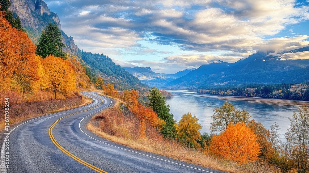 Aufkleber a tranquil drive along the cascade loop featuring vibrant autumn foliage and a winding river under a