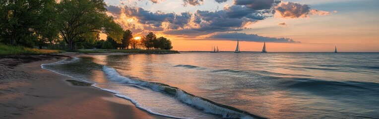 Sunset over Lake Erie with tranquil shores, gentle waves, and sailing boats in the distance during a serene summer evening