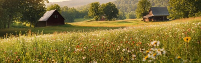 Tranquil meadows at sunset with blooming wildflowers and rustic barns in a peaceful rural landscape