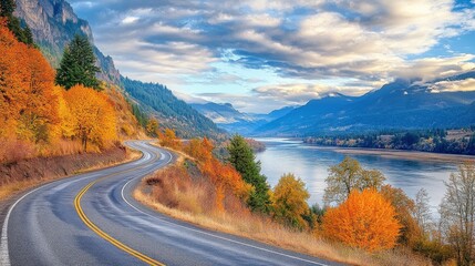 A tranquil drive along the Cascade Loop featuring vibrant autumn foliage and a winding river under a bright blue sky