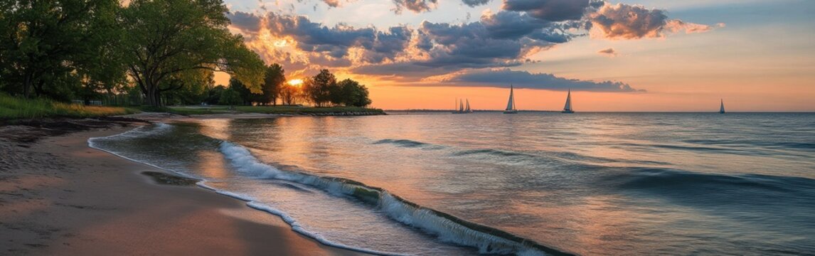 Sunset over Lake Erie with tranquil shores, gentle waves, and sailing boats in the distance during a serene summer evening
